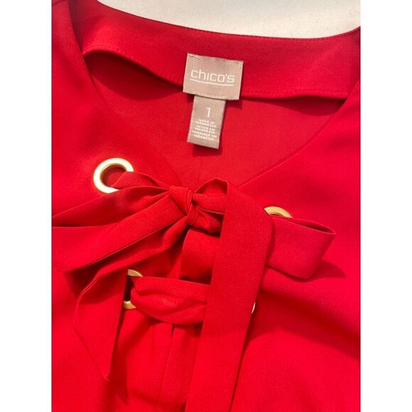 Chico's Red Red with Grommet Lace Up Top 1 Medium - Picture 4 of 4